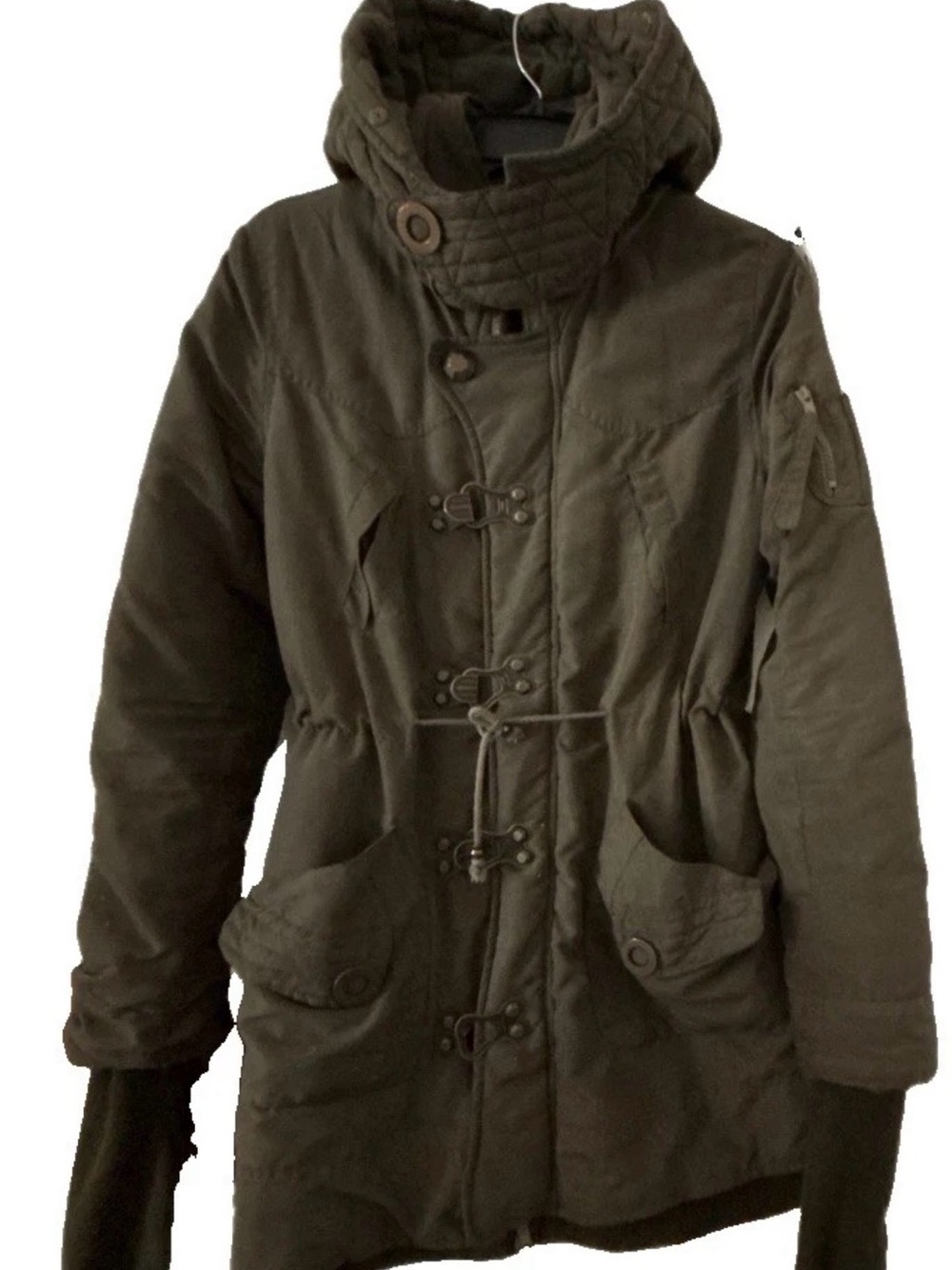 Vtg SLY Japanese Green Utility hood Parka lobster clasp liner ext ribbed cuff SM
